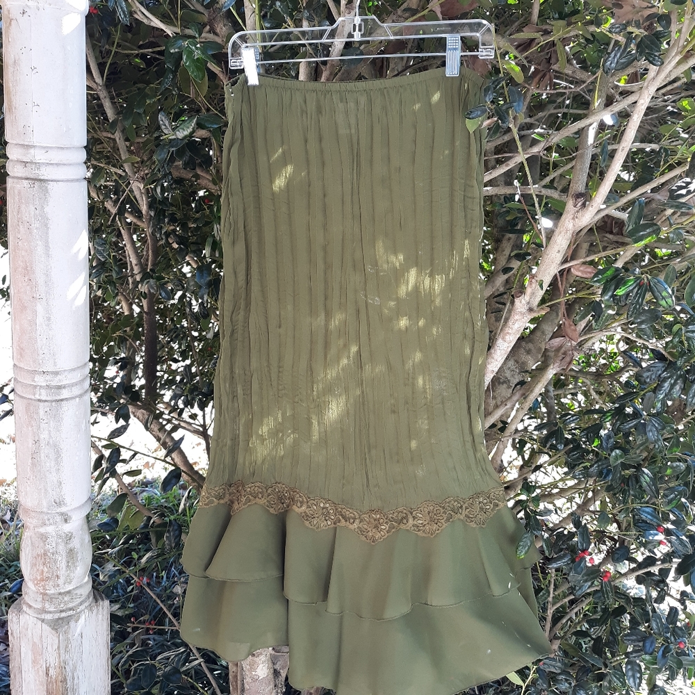 SLIM & SHEER OLIVE GREEN RUFFLED MAXI SKIRT